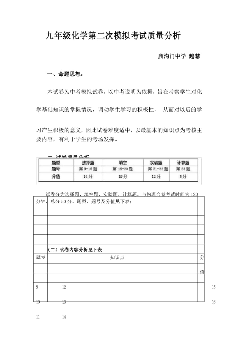 九年级化学第二次模拟考试质量分析析中考化学试卷分析.docx_第1页