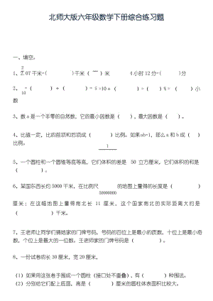 北师大版六年级数学下册--综合训练题.docx