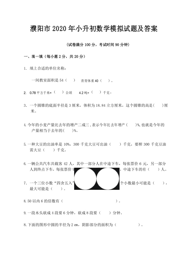 濮阳市2020年小升初数学模拟试题及答案.docx_第1页