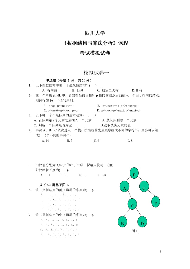 数据结构与算法模拟试卷一、二及参考答案.doc_第1页