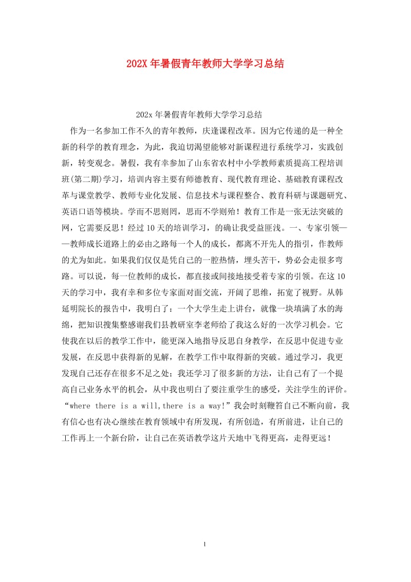 202X年暑假青年教师大学学习总结.doc_第1页