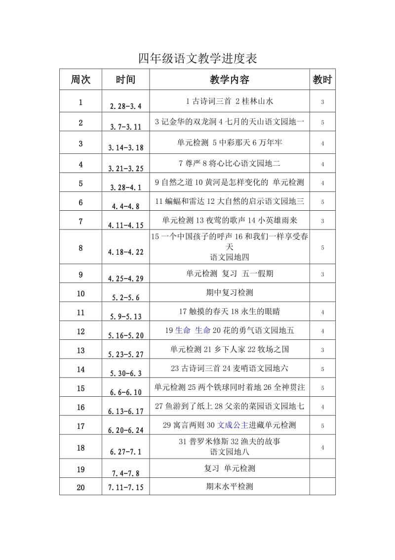 四年级语文下册教学进度表.doc_第1页