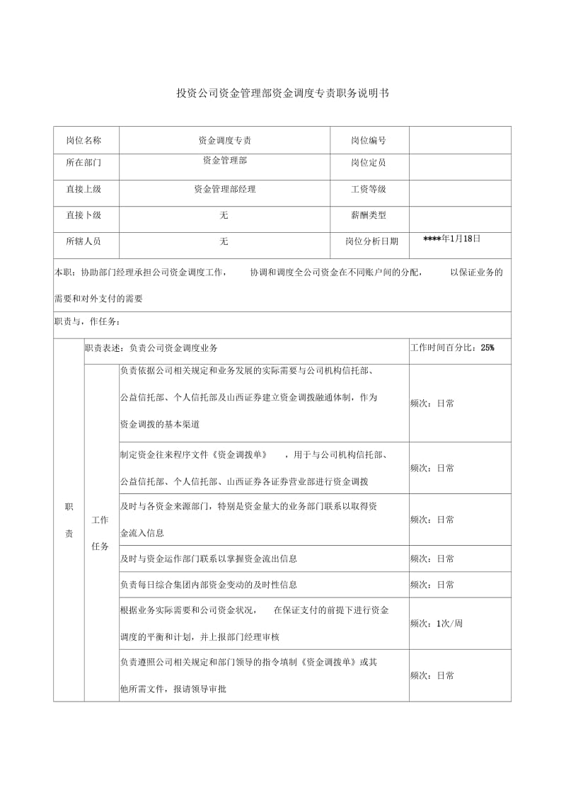 投资公司资金管理部资金调度专责职务说明书.docx_第1页