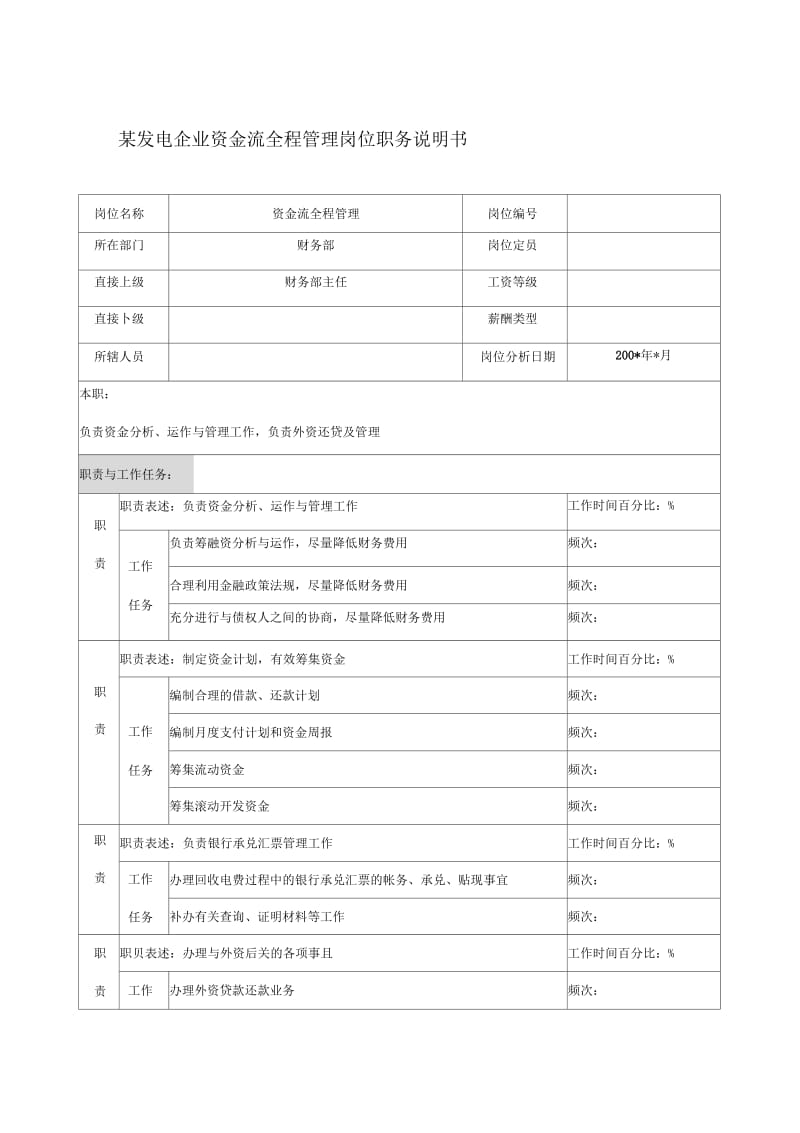 某发电企业资金流全程管理岗位职务说明书.docx_第1页