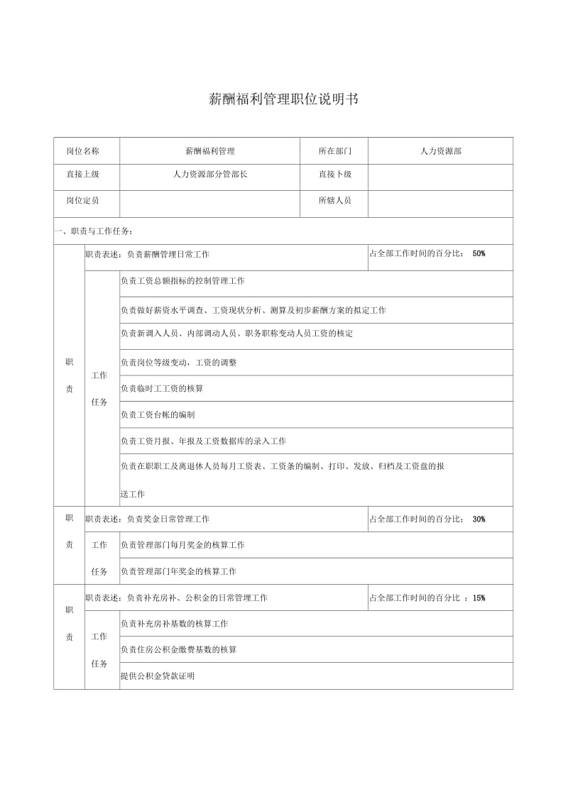 仪器生产企业薪酬福利管理职位说明书.docx_第1页