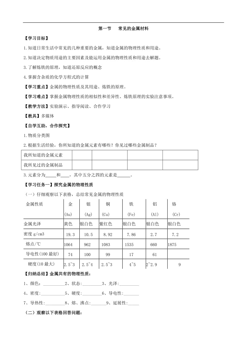 九年级化学下册91常见的金属材料学案（无答案）（鲁教版）.doc_第1页