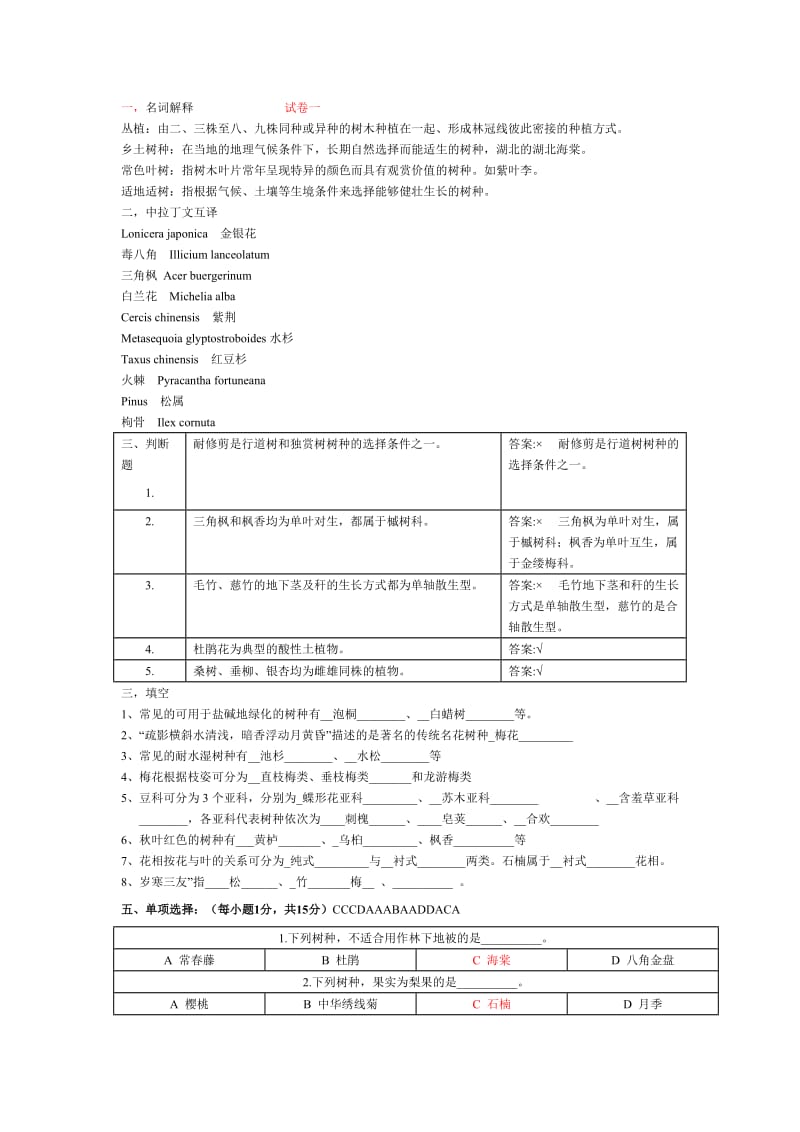 园林树木学试题_(华中农业大学两套_及答案.doc_第1页