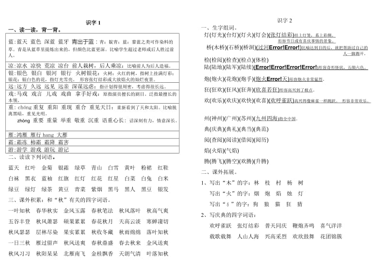 2017最新苏教版二年级上册识字1、2知识要点一课一练.doc_第1页