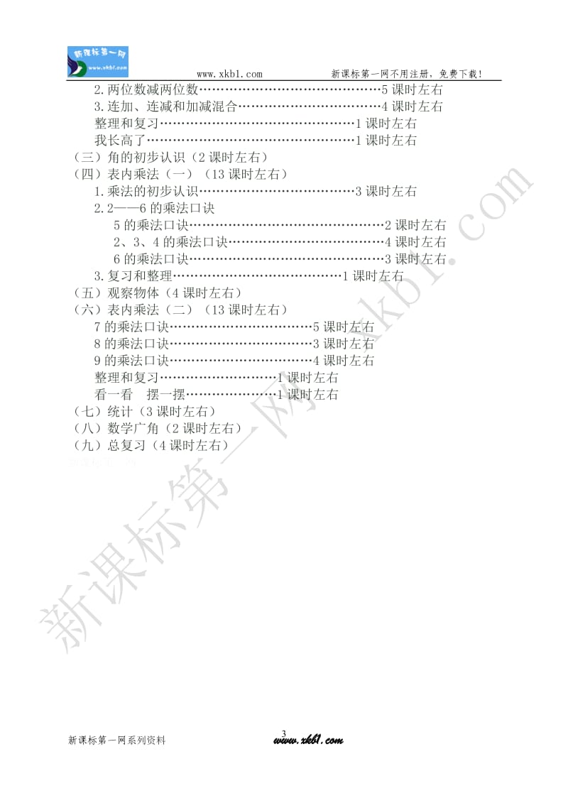 2011-2012学年小学二年级数学上册全册教学计划.doc_第3页