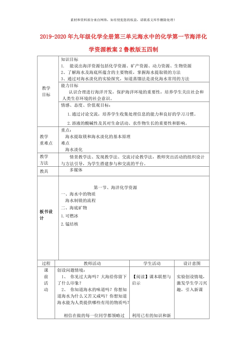 2019-2020年九年级化学全册第三单元海水中的化学第一节海洋化学资源教案2鲁教版五四制.doc_第1页