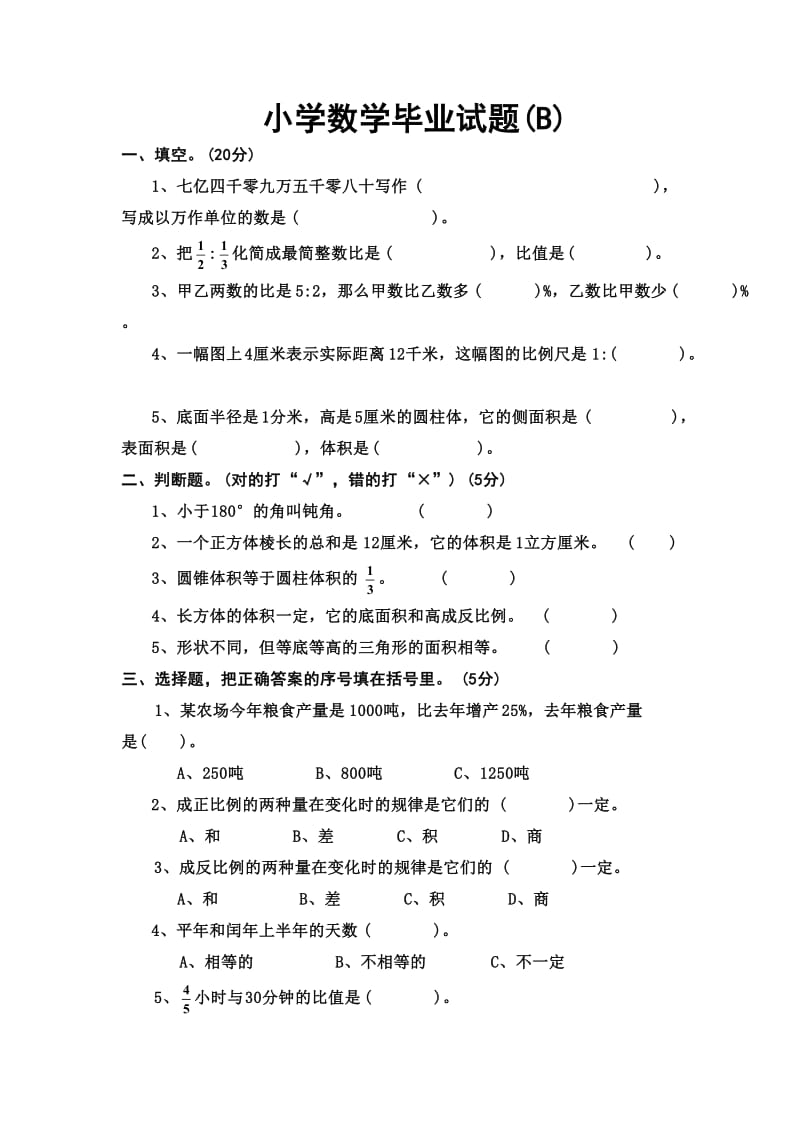 小学数学毕业考试试卷及答案(B)【精品】.doc_第1页