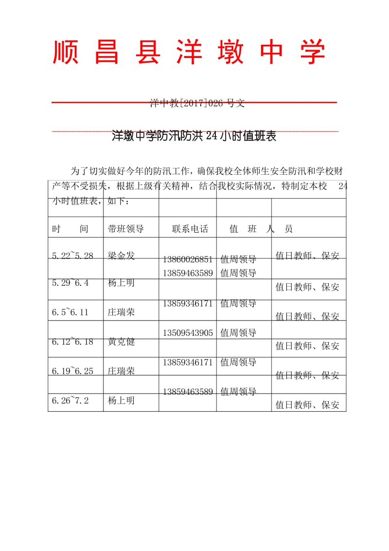 洋墩中学防汛24小时值班表.docx_第1页