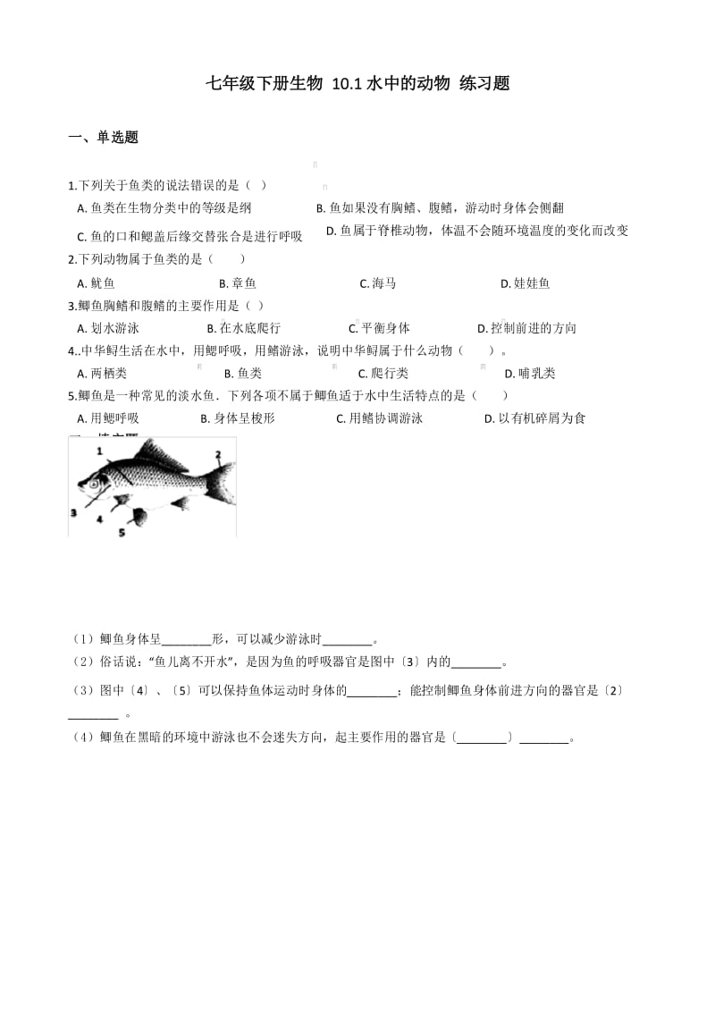 10.1水中的动物 练习题.docx_第1页