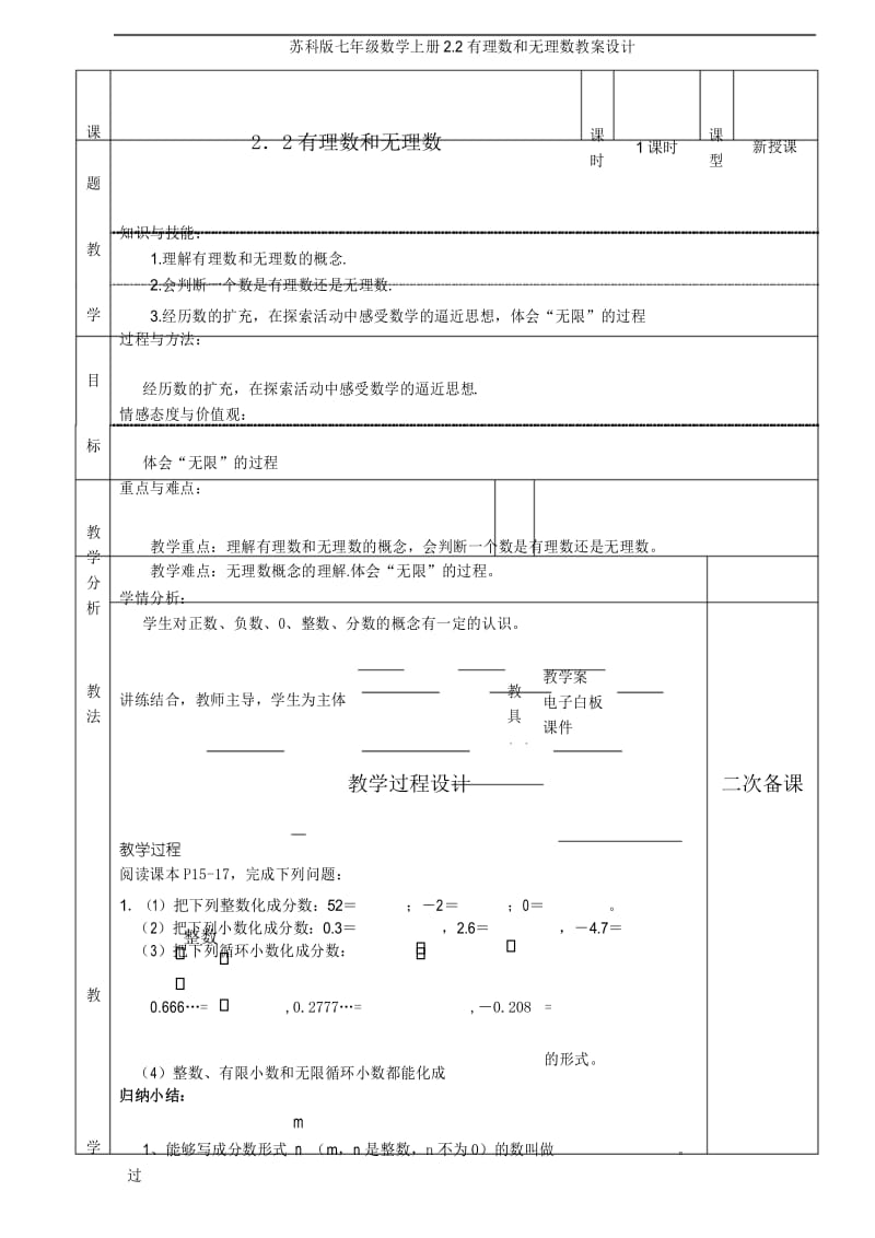 苏科版七年级数学上册2.2有理数和无理数教案设计.docx_第1页