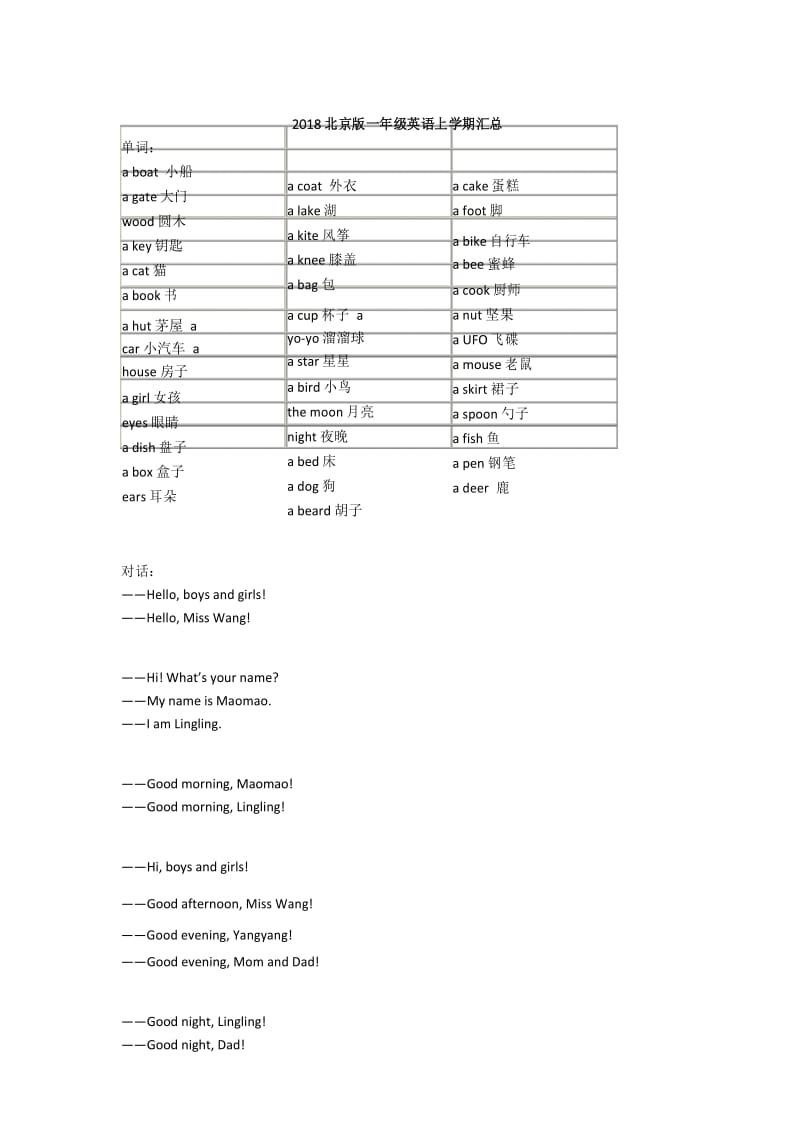 (完整版)2018北京版一年级英语上学期单词句型.docx_第1页