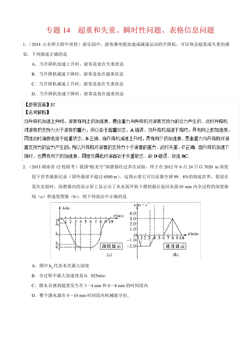 专题14超重和失重瞬时性问题表格信息问题高中物理总复习100考点突破千题大冲关.pdf_第1页