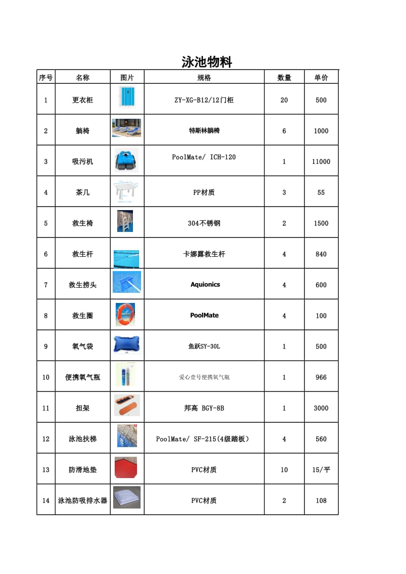 泳池采购清单.xls_第1页