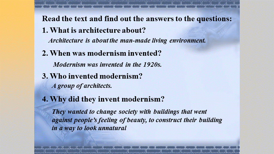 大纲版高二英语上 Unit 3 Art and Architecture reading Modern Architecture教学课件 .pptx_第3页