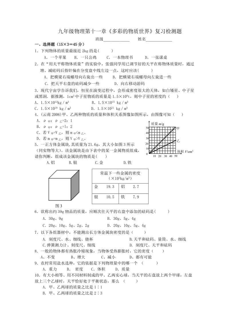 九年级物理第十一章多彩的物质世界复习检测题.doc_第1页