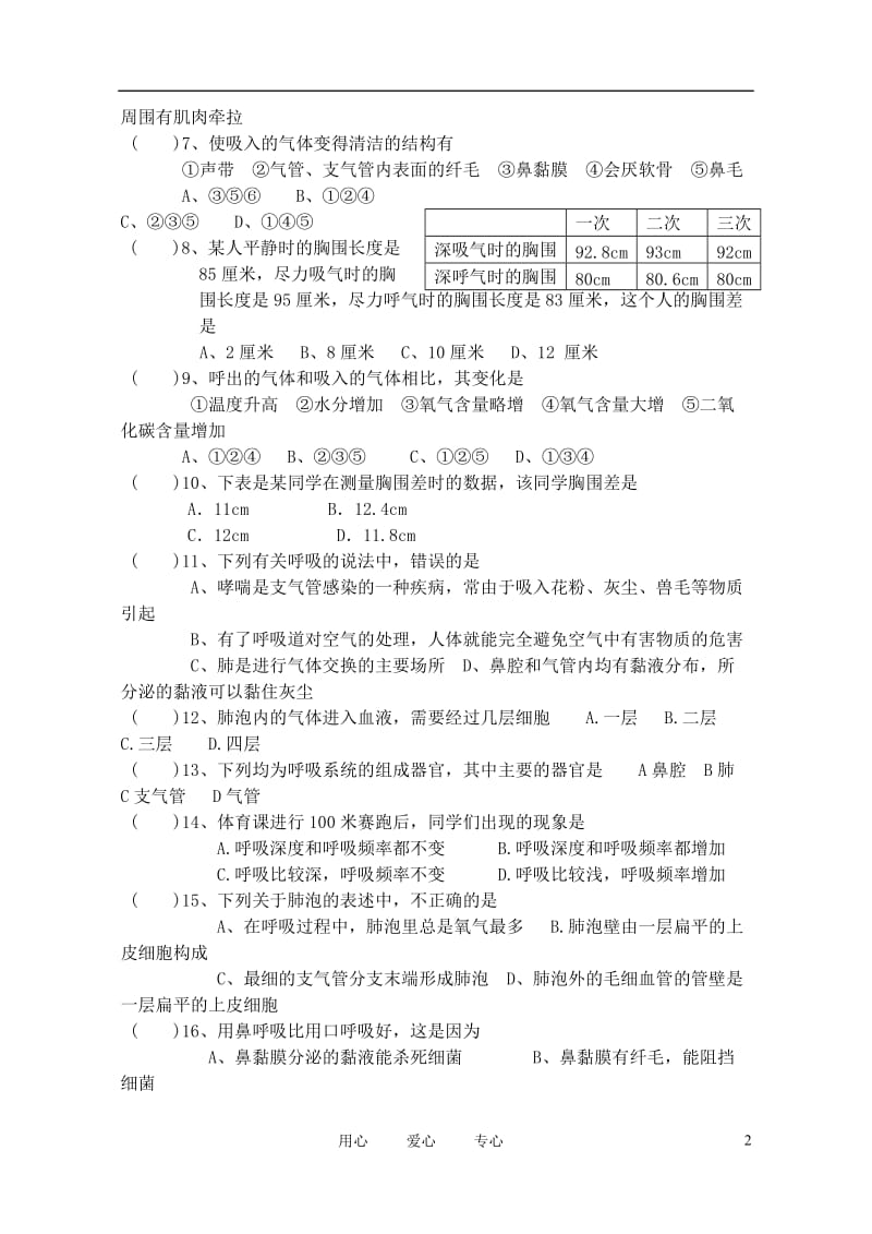 2012中考生物 人体的呼吸同步测试（无答案）.doc_第2页