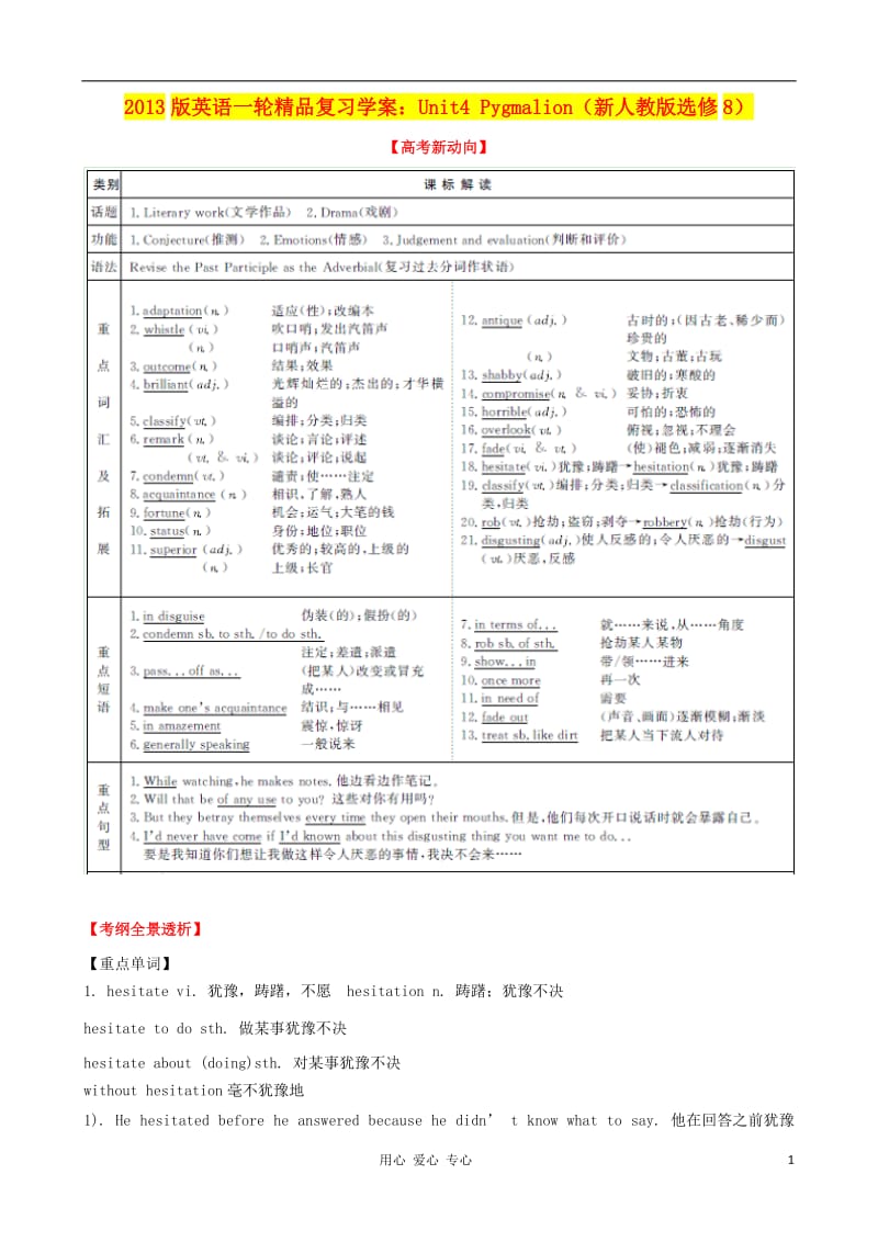 2013高考英语一轮精品复习 Unit4 Pygmalion学案 新人教版选修8.doc_第1页