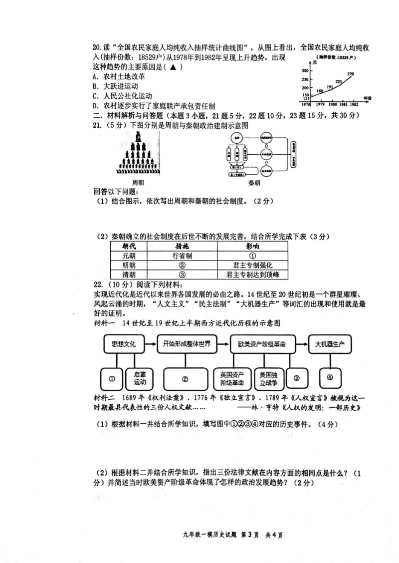 江苏省盐城市响水县2020年春学期九年级第一次模拟考试历史试题（PDF无答案）.pdf_第3页