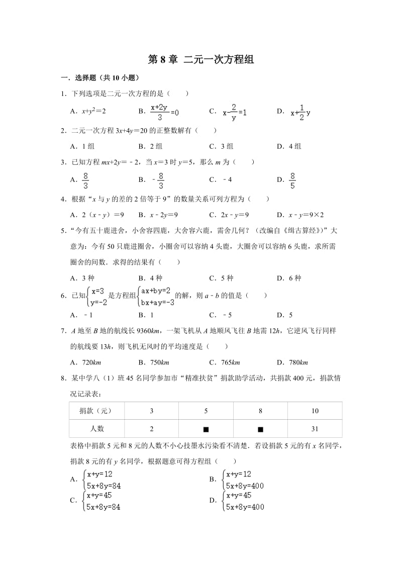 人教版数学七年级下 第8章 二元一次方程组 单元练习试题.doc_第1页