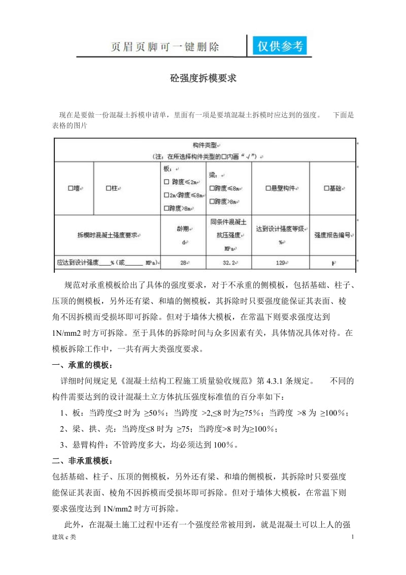 砼强度拆模要求[运用参照].doc_第1页