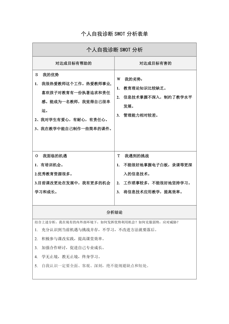 个人自我诊断SWOT分析表梁萍1.doc_第1页