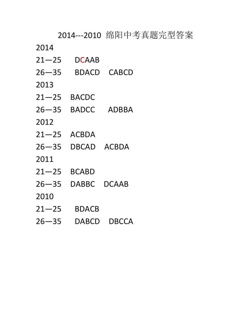 2014--2010绵阳中考真题完型答案.docx_第1页