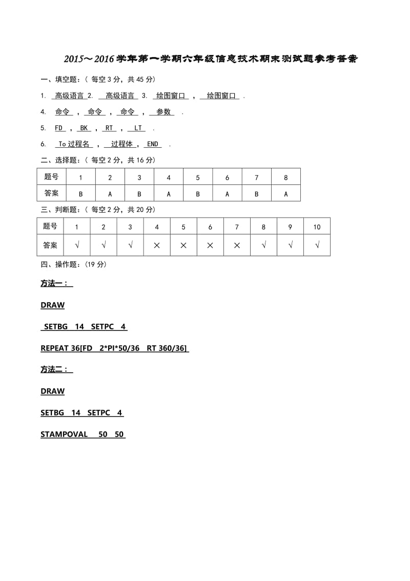 2015～2016学年第一学期六年级信息技术期末测试题（含答案、答题卡）（韩等贵）.docx_第3页