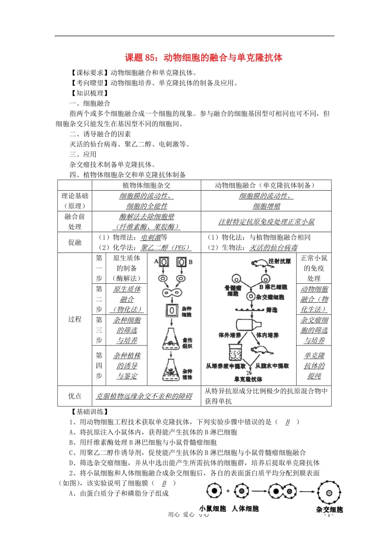 高中生物复习精讲精练 动物细胞的融合与单克隆抗体.doc_第1页