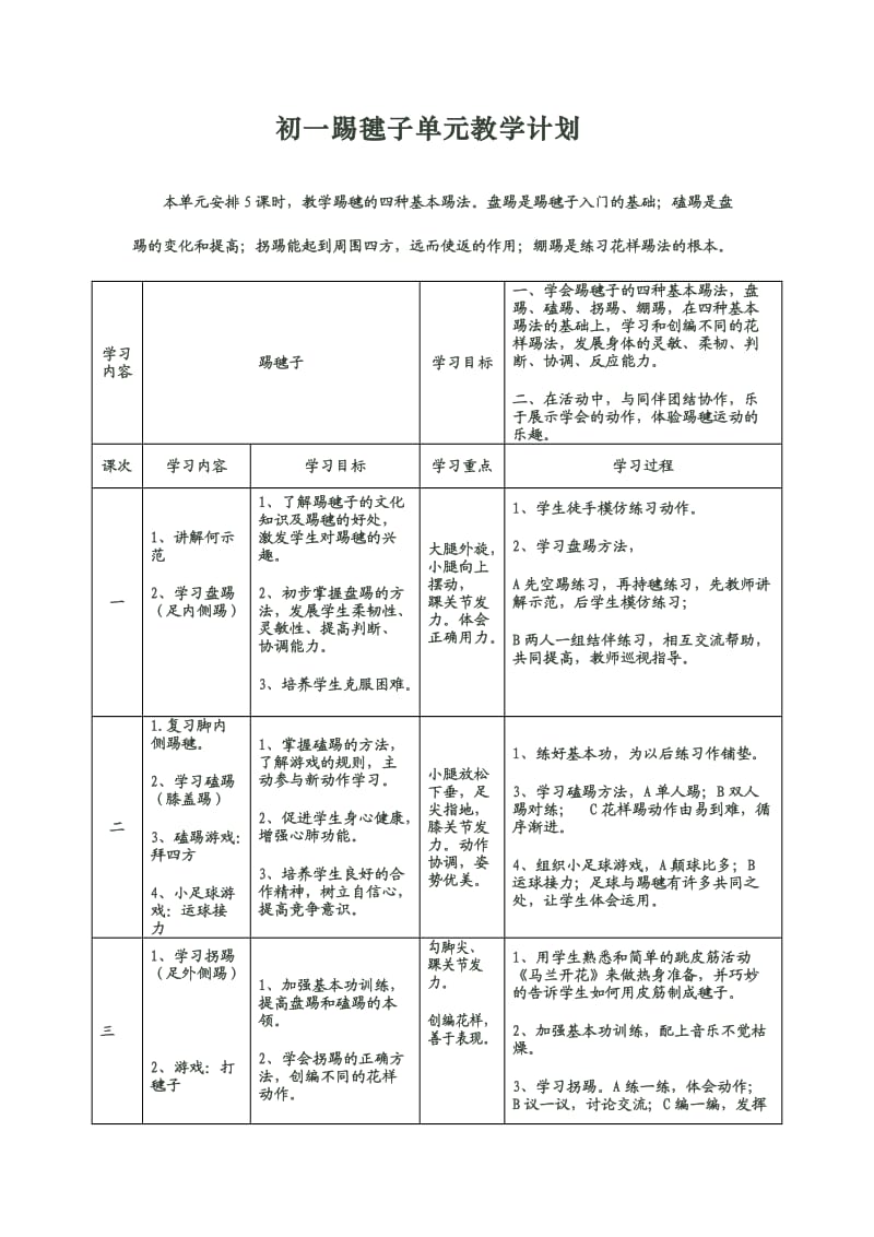 初一踢毽子单元教学计划.doc_第1页