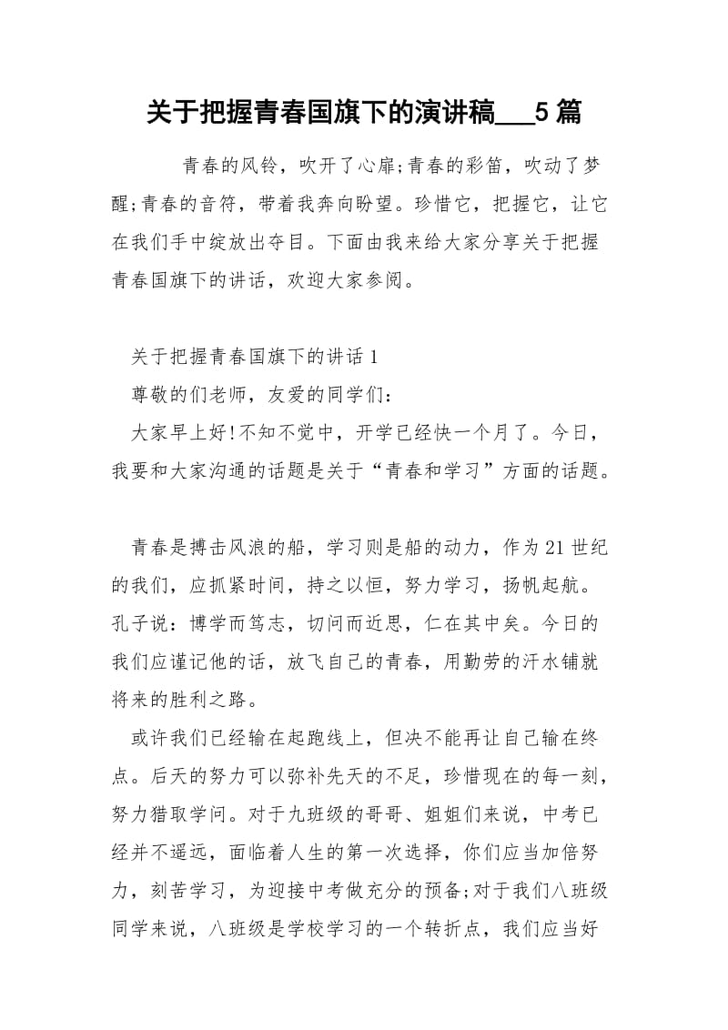 关于把握青春国旗下的演讲稿___5篇.docx_第1页