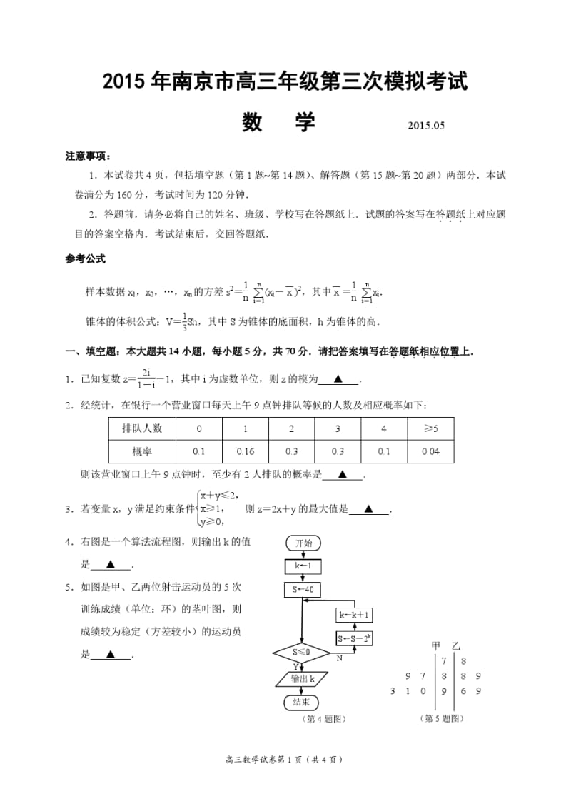 2015年江苏省南京市高三三模考试数学试卷试题及答案.pdf_第1页