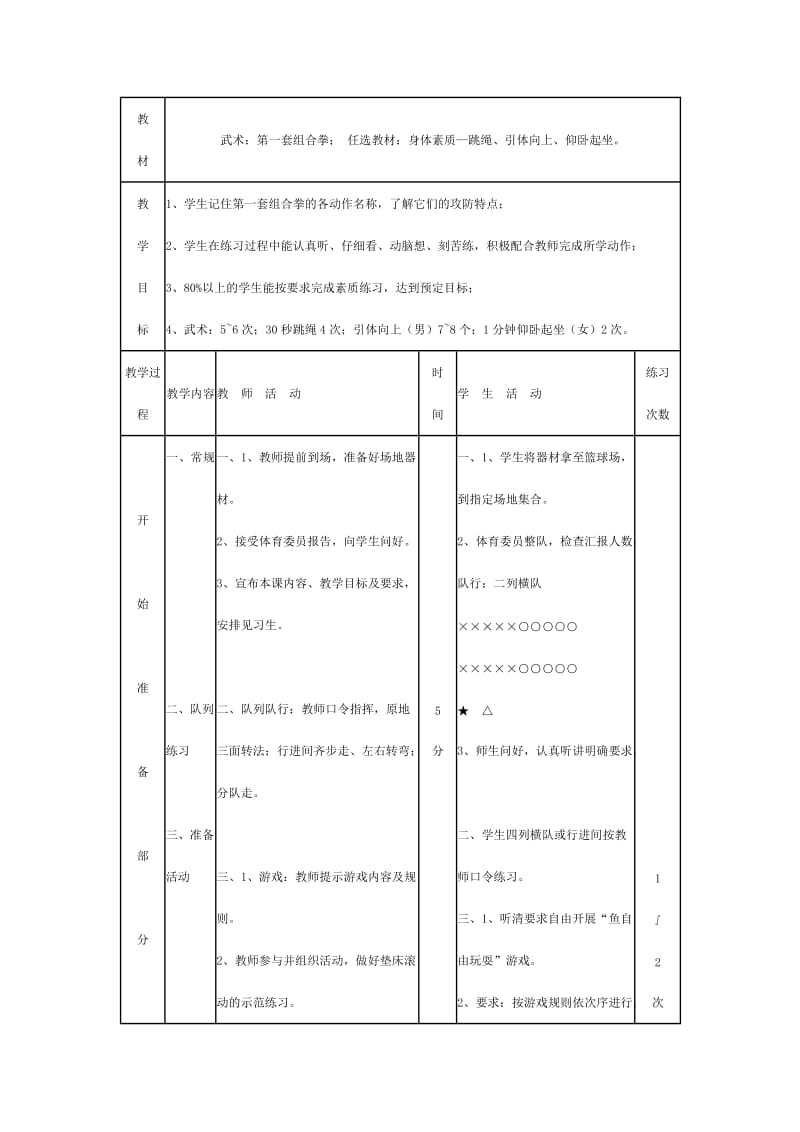 武术：第一套组合拳；任选教材：身体素质—跳绳、引体向上、仰卧起坐.doc_第1页