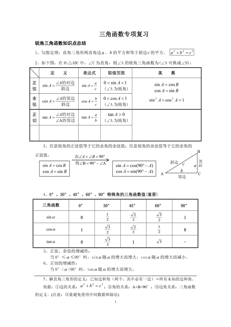 初三锐角三角函数知识点总结、典型例题、练习(精选).doc_第1页