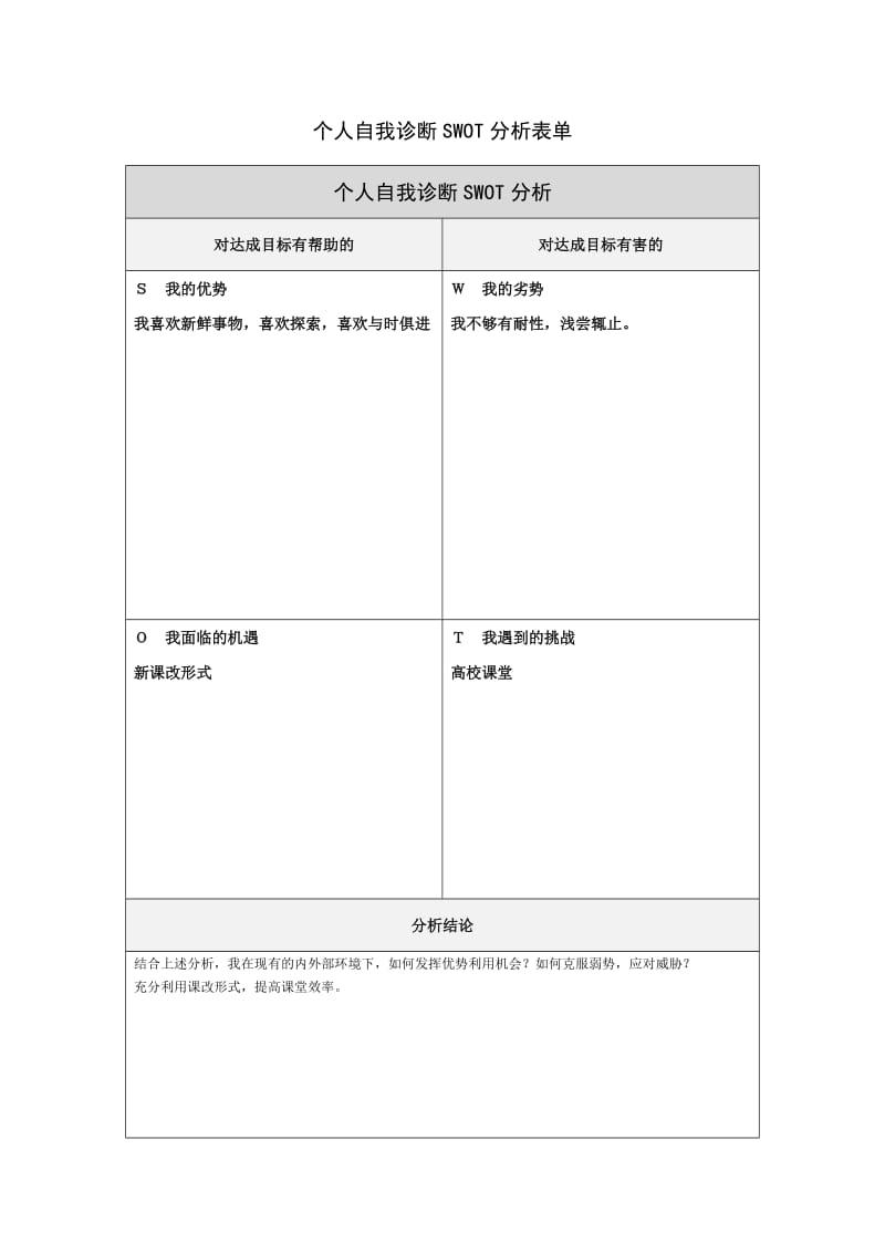 第一步骤所需文档：个人自我诊断SWOT分析表12.doc_第1页