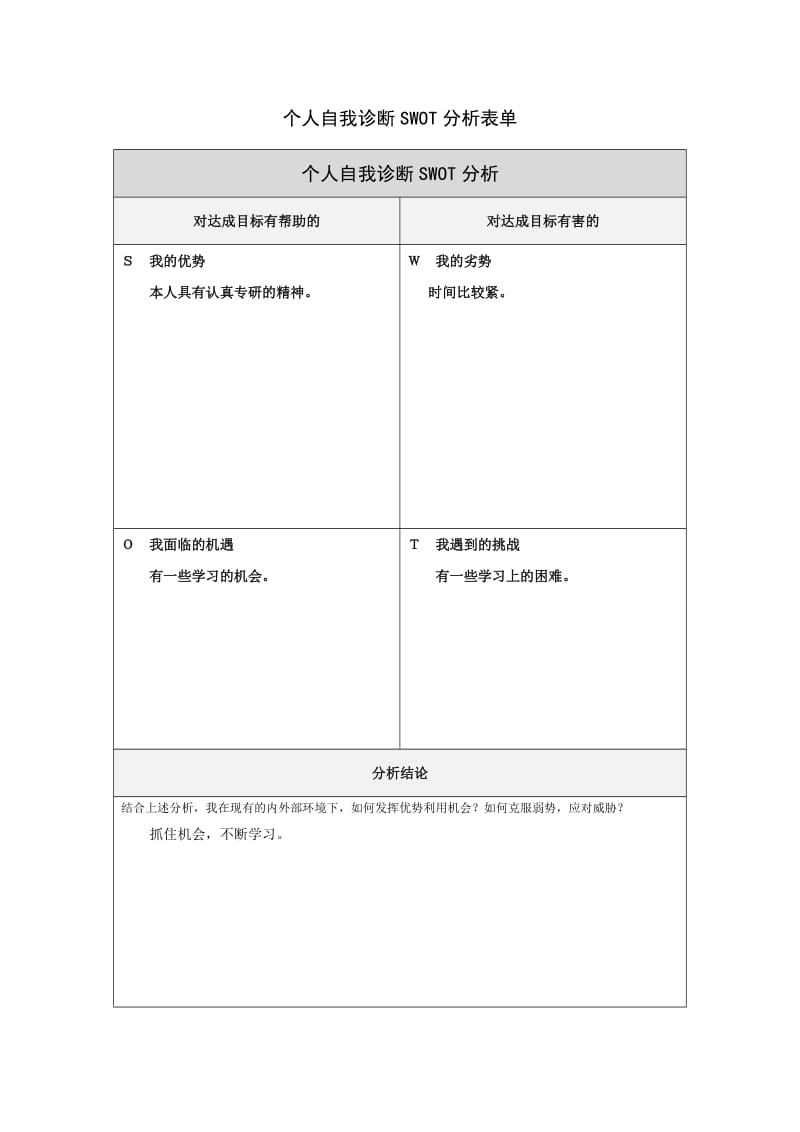 第一步骤所需文档：个人自我诊断SWOT分析表 (13).doc_第1页