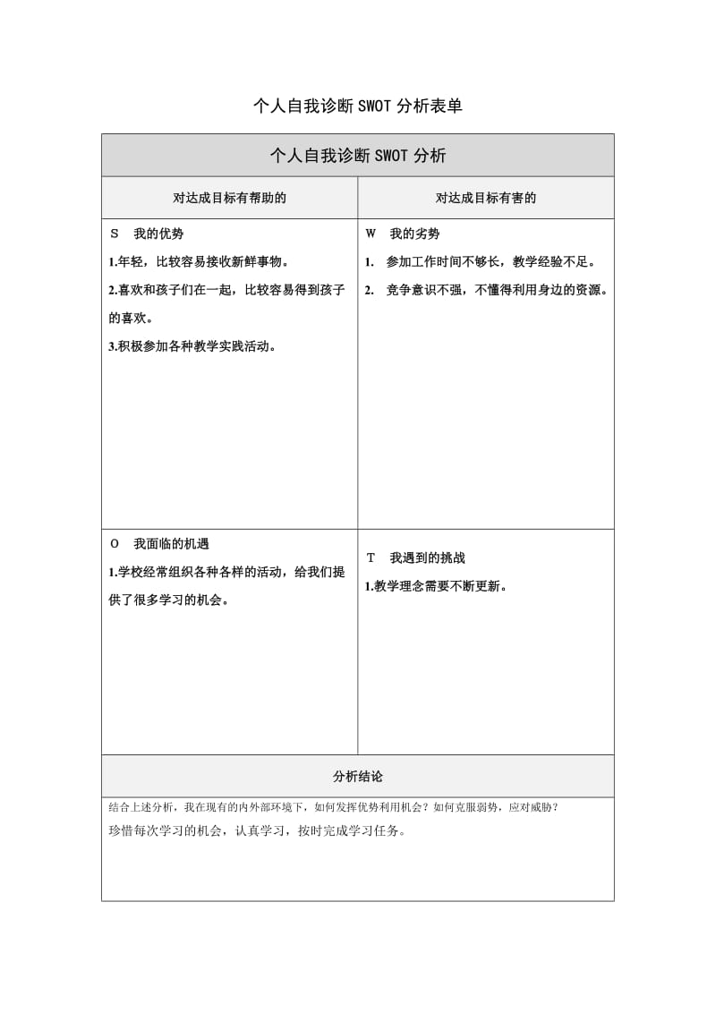 段程杰个人自我诊断SWOT分析表.doc_第1页