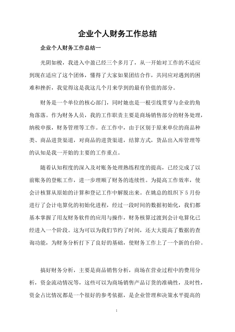 企业个人财务工作总结.docx_第1页