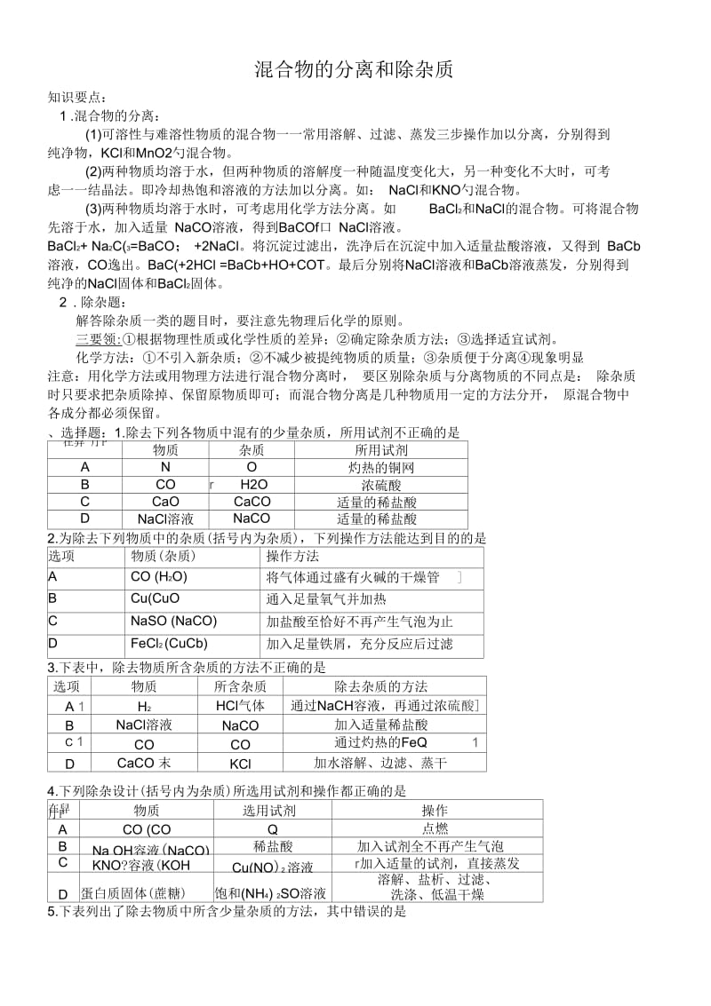 化学人教版九年级下册初中化学复习之物质分离和除杂质.docx_第1页