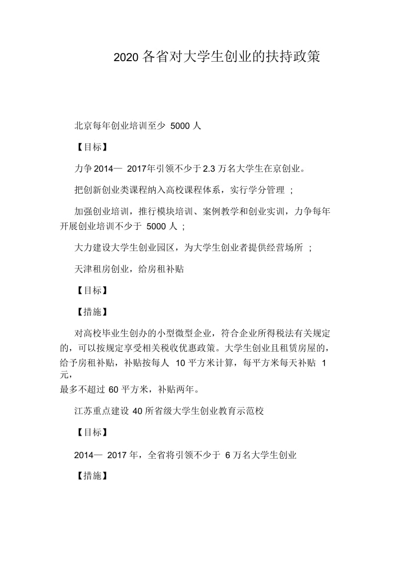 2020各省对大学生创业的扶持政策.docx_第1页