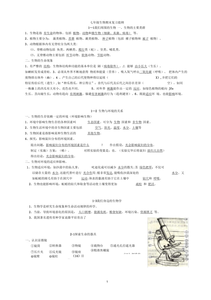 苏教版2017七年级上册生物复习提纲.docx_第1页