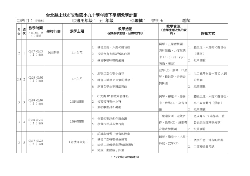 台北县土城市安和国小九十学年度下学期教学计划.doc_第1页