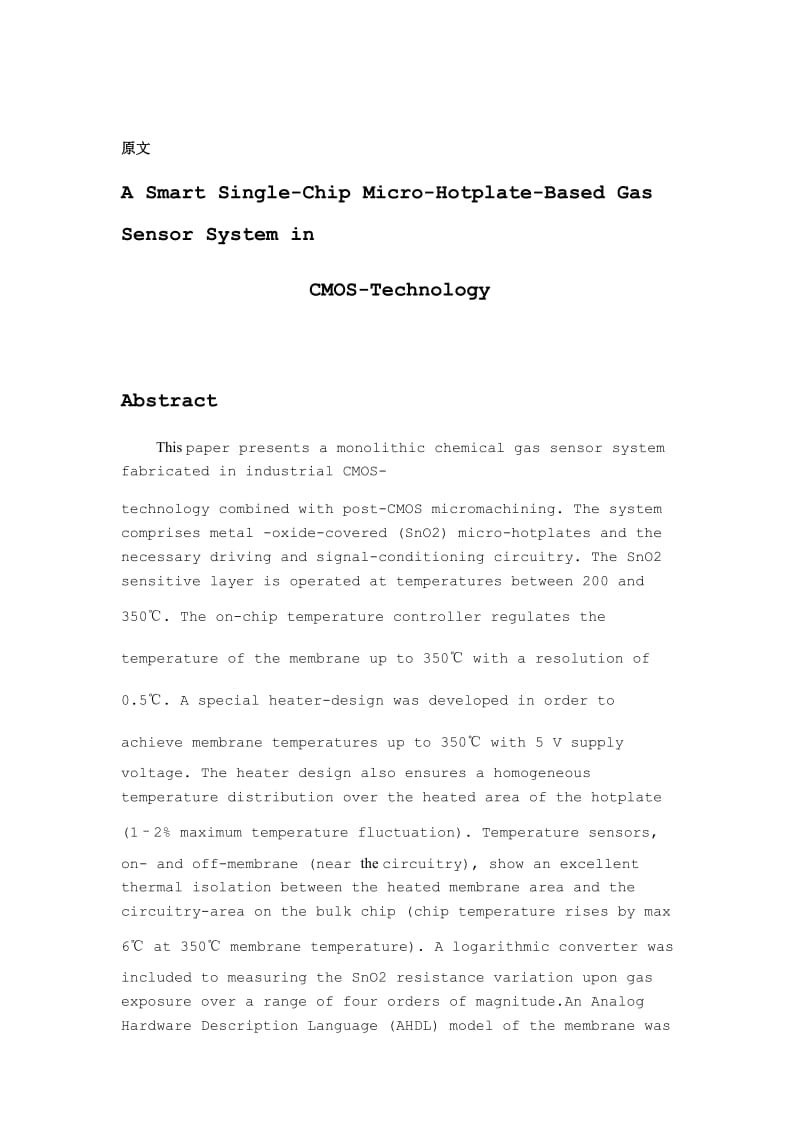 asmartsingle chipmicro hotplate basedgassensorsystemincmos technology 外文文献 本科论文.doc_第1页