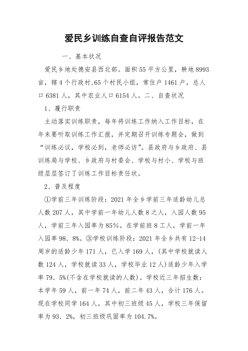 爱民乡训练自查自评报告范文.docx_第1页