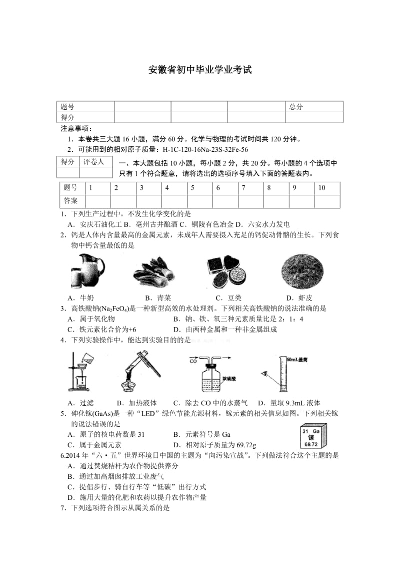 安徽省初中毕业学业考试(1).doc_第1页