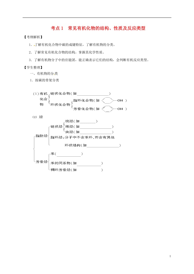 山西省忻州市第一中学2017届高三化学一轮复习 考点1 常见有机化物的结构、性质及反应类型学案（无答案）.doc_第1页