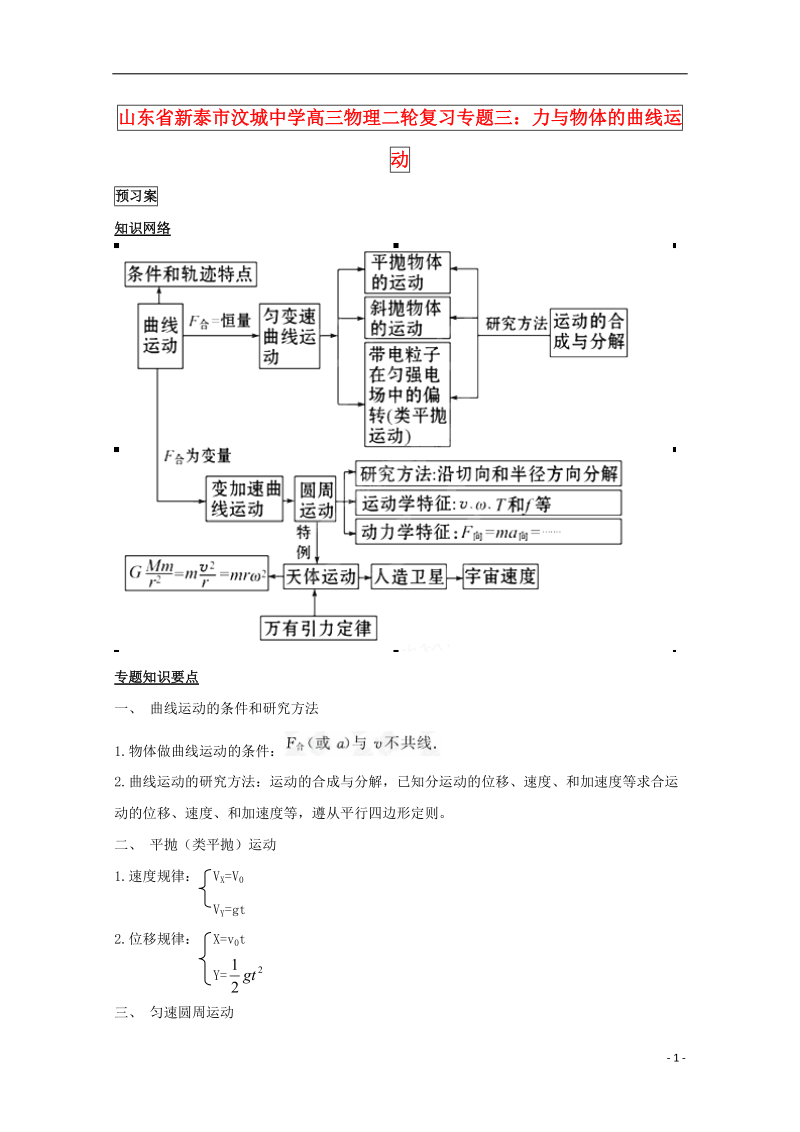 山东省新泰市汶城中学高三物理二轮复习 专题三 力与物体的曲线运动.doc_第1页